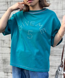 mi via loca | 配色ステッチ ドロップショルダー スタッズロゴTシャツ(Tシャツ/カットソー)