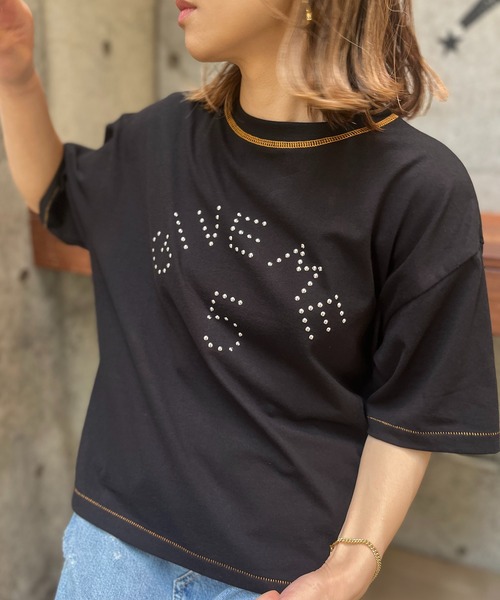mi via loca（ミヴィアロカ）の「配色ステッチ シルバー スタッズロゴTシャツ（Tシャツ/カットソー・レディース・オフホワイト/ブルーグリーン/ブラック・FREE）」の14枚目の写真