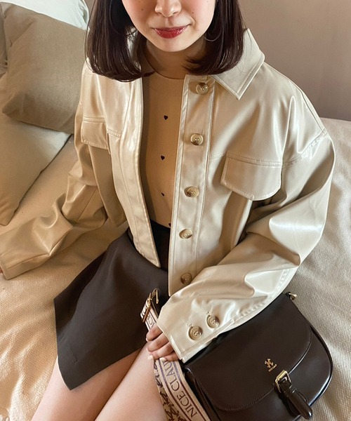 one after another NICE CLAUP(ワンアフターアナザーナイスクラップ)の「セットアップスカートあり/フェイクレザージャケット(ライダースジャケット・レディース・キャメル/アイボリー/ブラック・FREE)」の7枚目の写真