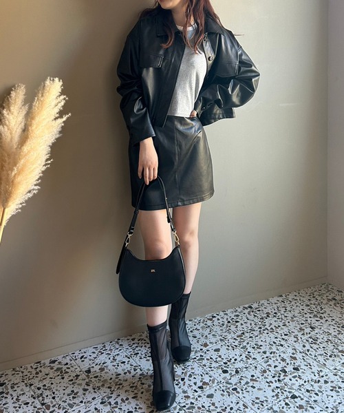 one after another NICE CLAUP(ワンアフターアナザーナイスクラップ)の「セットアップスカートあり/フェイクレザージャケット(ライダースジャケット・レディース・キャメル/アイボリー/ブラック・FREE)」の8枚目の写真