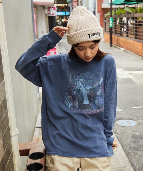 ピグメント加工ヴィンテージライクロックグラフィック長袖Tシャツ（T