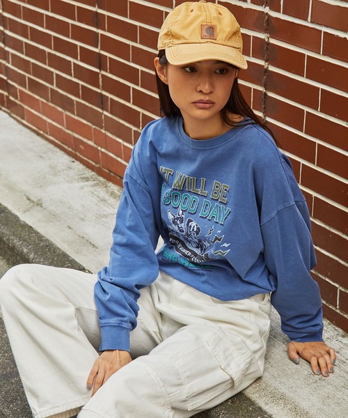 ピグメント加工ヴィンテージライクロックグラフィック長袖T