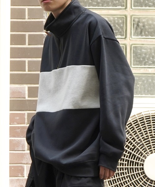 セール】【ZOZOTOWN限定】ビッグシルエット 裏起毛 切替 ハーフジップ 