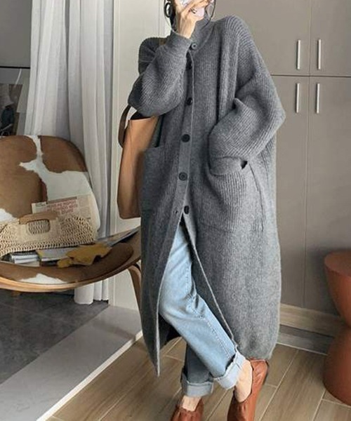 deux amour（ドゥーザムール）の「前ボタンミドルゲージハイネックニットカーデイガン（カーディガン/ボレロ・レディース・グレー/ブラック・FREE）」の3枚目の写真