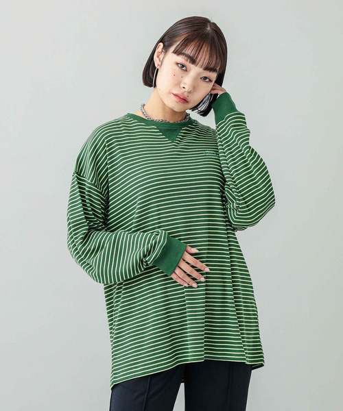 X-girl(エックスガール)の「STRIPED LOOSE FIT TOP(Tシャツ/カットソー・レディース・ブラック/ブラウン/グリーン・M/S)」の3枚目の写真