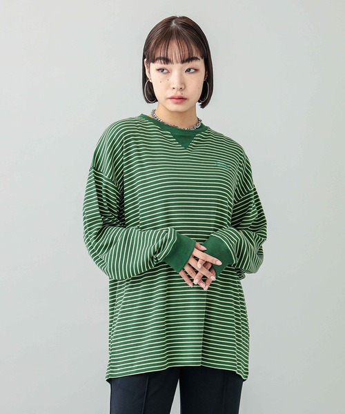 X-girl(エックスガール)の「STRIPED LOOSE FIT TOP(Tシャツ/カットソー・レディース・ブラック/ブラウン/グリーン・M/S)」の10枚目の写真