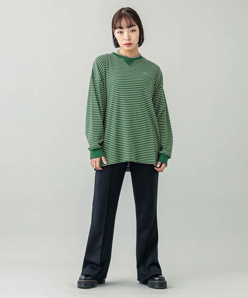 X-girl(エックスガール)の「STRIPED LOOSE FIT TOP(Tシャツ/カットソー・レディース・ブラック/ブラウン/グリーン・M/S)」の14枚目の写真