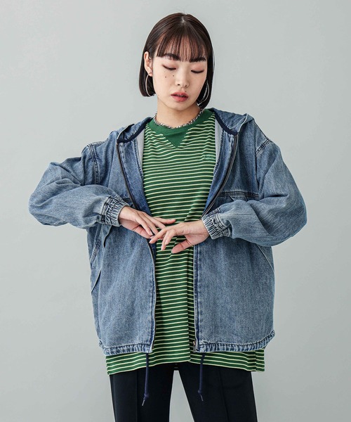 X-girl(エックスガール)の「STRIPED LOOSE FIT TOP(Tシャツ/カットソー・レディース・ブラック/ブラウン/グリーン・M/S)」の18枚目の写真