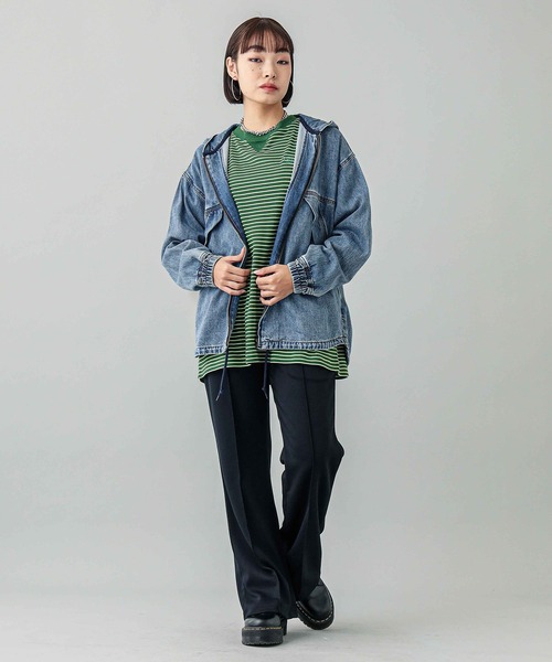 X-girl(エックスガール)の「STRIPED LOOSE FIT TOP(Tシャツ/カットソー・レディース・ブラック/ブラウン/グリーン・M/S)」の21枚目の写真