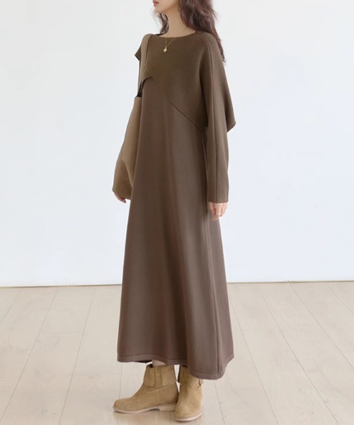 COCOMOMO（ココモモ）の「カシュクールニット＆キャミワンピース 2点セット（ワンピース・レディース・ブラック/ダークブラウン/アイボリー・FREE）」の4枚目の写真