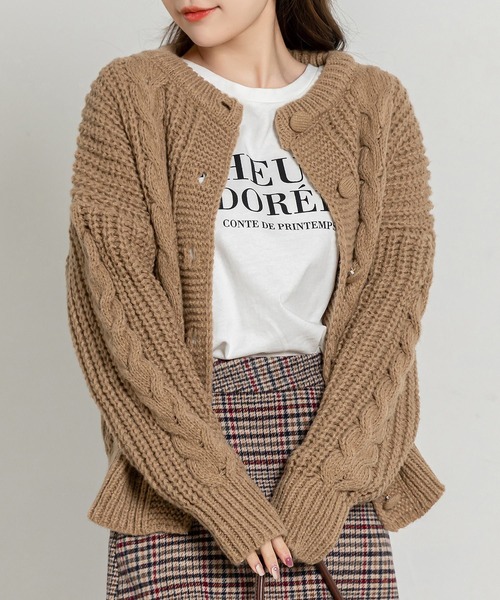 DAY CLOSET（デイ クローゼット）の「【ハイ＆ローゲージの立体感】長袖ぷっくりケーブル編みラウンドネックリブニットカーディガン レディース（ニット/セーター・レディース・ホワイト/ブラウン・FREE）」の21枚目の写真