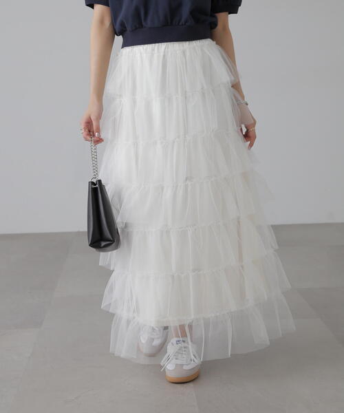 FREE'S MART（フリーズマート）の「■チュールティアードスカート（スカート・レディース・ホワイト/ブラック/グレー・SMALL/MEDIUM）」の2枚目の写真