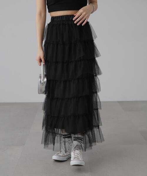 FREE'S MART（フリーズマート）の「■チュールティアードスカート（スカート・レディース・ホワイト/ブラック/グレー・SMALL/MEDIUM）」の3枚目の写真
