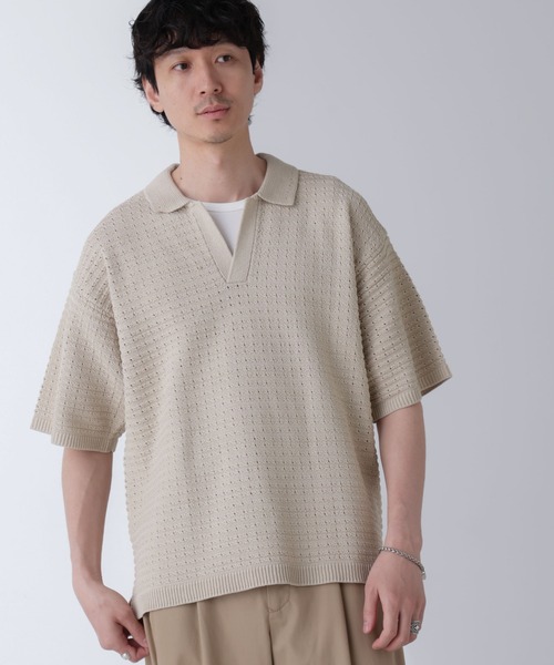 NANO universe(ナノユニバース)の「アイレットジャガードボーダーポロシャツ 半袖(ポロシャツ・メンズ・ダークネイビー/ブルー/ダークグリーン/ライトベージュ・L/M)」の2枚目の写真