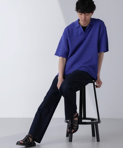 NANO universe(ナノユニバース)の「アイレットジャガードボーダーポロシャツ 半袖(ポロシャツ・メンズ・ダークネイビー/ブルー/ダークグリーン/ライトベージュ・L/M)」の1枚目の写真