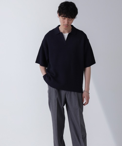 NANO universe(ナノユニバース)の「アイレットジャガードボーダーポロシャツ 半袖(ポロシャツ・メンズ・ダークネイビー/ブルー/ダークグリーン/ライトベージュ・L/M)」の4枚目の写真