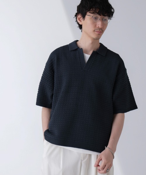 NANO universe(ナノユニバース)の「アイレットジャガードボーダーポロシャツ 半袖(ポロシャツ・メンズ・ダークネイビー/ブルー/ダークグリーン/ライトベージュ・L/M)」の3枚目の写真