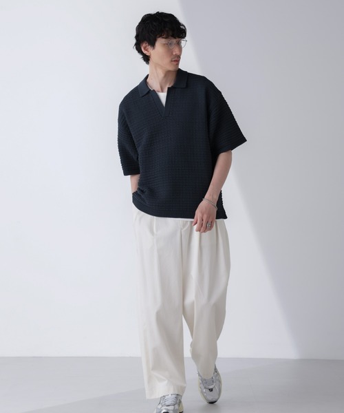 NANO universe(ナノユニバース)の「アイレットジャガードボーダーポロシャツ 半袖(ポロシャツ・メンズ・ダークネイビー/ブルー/ダークグリーン/ライトベージュ・L/M)」の11枚目の写真