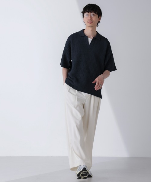 NANO universe(ナノユニバース)の「アイレットジャガードボーダーポロシャツ 半袖(ポロシャツ・メンズ・ダークネイビー/ブルー/ダークグリーン/ライトベージュ・L/M)」の13枚目の写真