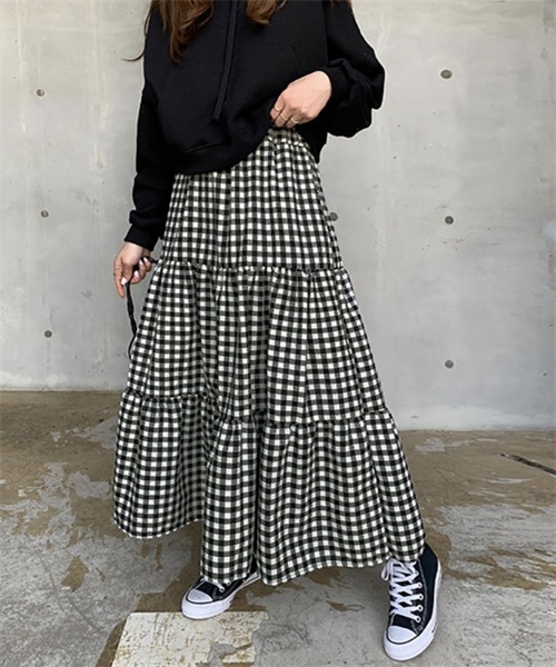 FREE STYLISTS（フリー スタイリスト）の「ギンガムチェックティアードスカート（スカート・レディース・ブラック/ブラウン・M/S/L）」の2枚目の写真