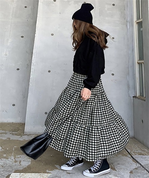 FREE STYLISTS（フリー スタイリスト）の「ギンガムチェックティアードスカート（スカート・レディース・ブラック/ブラウン・M/S/L）」の13枚目の写真