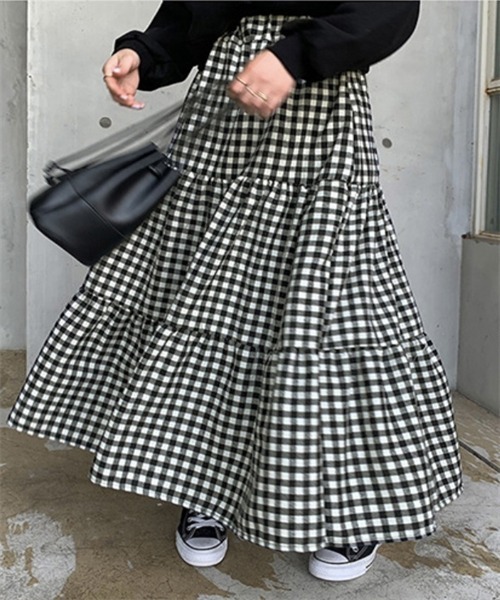 FREE STYLISTS（フリー スタイリスト）の「ギンガムチェックティアードスカート（スカート・レディース・ブラック/ブラウン・M/S/L）」の6枚目の写真