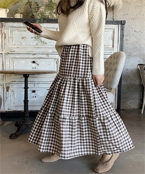 FREE STYLISTS（フリー スタイリスト）の「ギンガムチェックティアードスカート（スカート・レディース・ブラック/ブラウン・M/S/L）」の21枚目の写真