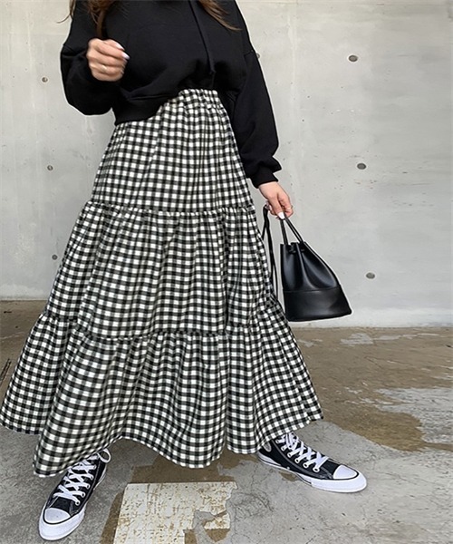 FREE STYLISTS（フリー スタイリスト）の「ギンガムチェックティアードスカート（スカート・レディース・ブラック/ブラウン・M/S/L）」の7枚目の写真