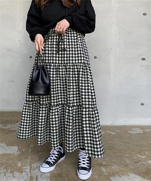 FREE STYLISTS（フリー スタイリスト）の「ギンガムチェックティアードスカート（スカート・レディース・ブラック/ブラウン・M/S/L）」の4枚目の写真