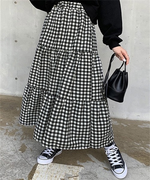 FREE STYLISTS（フリー スタイリスト）の「ギンガムチェックティアードスカート（スカート・レディース・ブラック/ブラウン・M/S/L）」の5枚目の写真