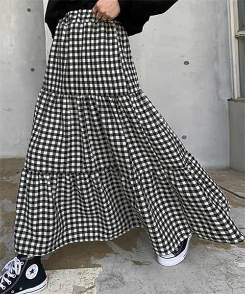 FREE STYLISTS（フリー スタイリスト）の「ギンガムチェックティアードスカート（スカート・レディース・ブラック/ブラウン・M/S/L）」の12枚目の写真