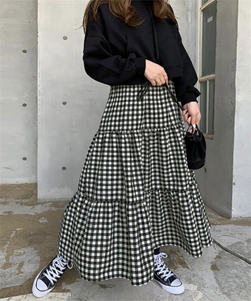 FREE STYLISTS（フリー スタイリスト）の「ギンガムチェックティアードスカート（スカート・レディース・ブラック/ブラウン・M/S/L）」の8枚目の写真