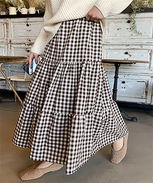 FREE STYLISTS（フリー スタイリスト）の「ギンガムチェックティアードスカート（スカート・レディース・ブラック/ブラウン・M/S/L）」の19枚目の写真
