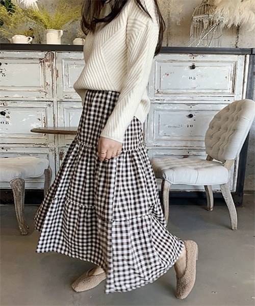 FREE STYLISTS（フリー スタイリスト）の「ギンガムチェックティアードスカート（スカート・レディース・ブラック/ブラウン・M/S/L）」の22枚目の写真