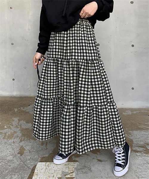 FREE STYLISTS（フリー スタイリスト）の「ギンガムチェックティアードスカート（スカート・レディース・ブラック/ブラウン・M/S/L）」の9枚目の写真