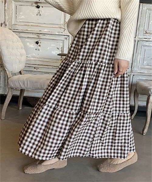 FREE STYLISTS（フリー スタイリスト）の「ギンガムチェックティアードスカート（スカート・レディース・ブラック/ブラウン・M/S/L）」の18枚目の写真