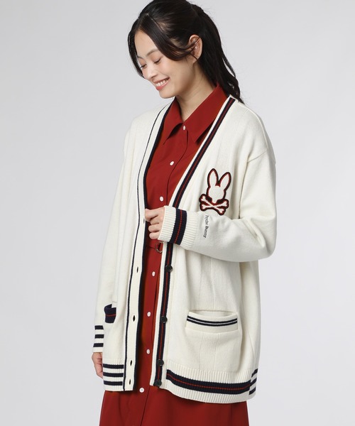 Psycho Bunny（サイコバニー）の「[WOMEN]アシンメトリーデザイン ニットカーディガン（ニット/セーター・レディース・レッド/オフホワイト・FREE）」の2枚目の写真