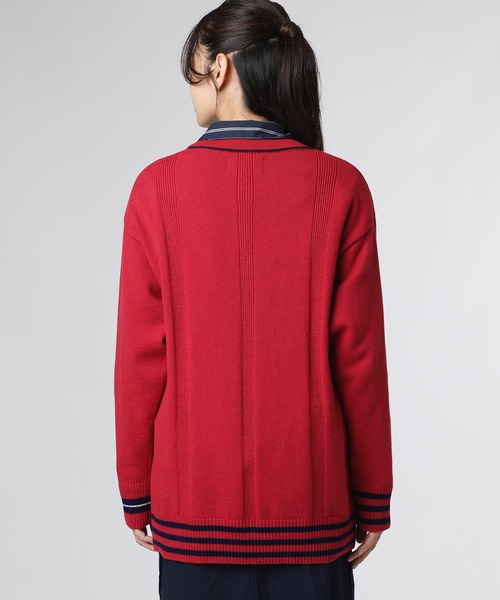 Psycho Bunny（サイコバニー）の「[WOMEN]アシンメトリーデザイン ニットカーディガン（ニット/セーター・レディース・レッド/オフホワイト・FREE）」の12枚目の写真