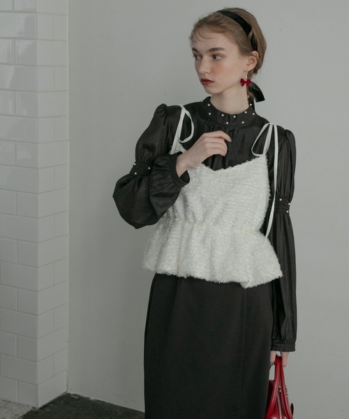 BONLECILL noir（ボンルシールノワール）の「【BONLECILL noir】フリンジジャガードキャミソールリボンバルーンヘムビスチェ（キャミソール・レディース・アイボリー/ブラック・FREE）」の18枚目の写真