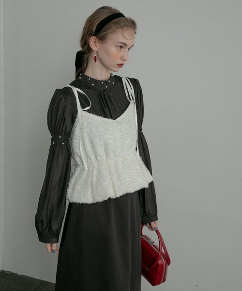 BONLECILL noir（ボンルシールノワール）の「【BONLECILL noir】フリンジジャガードキャミソールリボンバルーンヘムビスチェ（キャミソール・レディース・アイボリー/ブラック・FREE）」の19枚目の写真