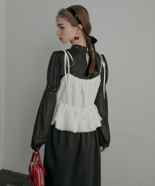 BONLECILL noir（ボンルシールノワール）の「【BONLECILL noir】フリンジジャガードキャミソールリボンバルーンヘムビスチェ（キャミソール・レディース・アイボリー/ブラック・FREE）」の21枚目の写真