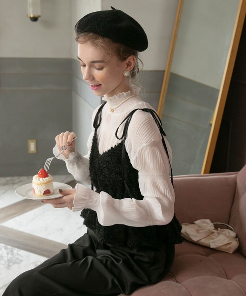 BONLECILL noir（ボンルシールノワール）の「【BONLECILL noir】フリンジジャガードキャミソールリボンバルーンヘムビスチェ（キャミソール・レディース・アイボリー/ブラック・FREE）」の3枚目の写真