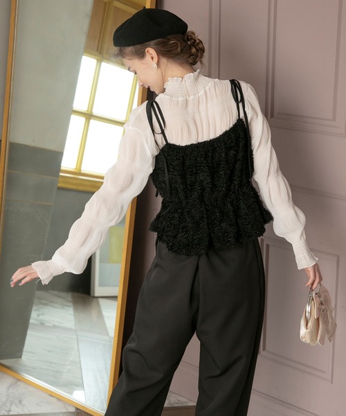 BONLECILL noir（ボンルシールノワール）の「【BONLECILL noir】フリンジジャガードキャミソールリボンバルーンヘムビスチェ（キャミソール・レディース・アイボリー/ブラック・FREE）」の4枚目の写真