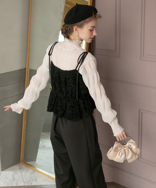 BONLECILL noir（ボンルシールノワール）の「【BONLECILL noir】フリンジジャガードキャミソールリボンバルーンヘムビスチェ（キャミソール・レディース・アイボリー/ブラック・FREE）」の5枚目の写真