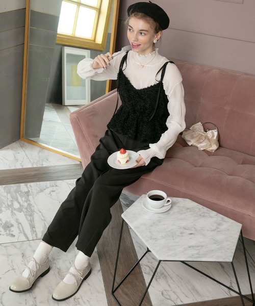 BONLECILL noir（ボンルシールノワール）の「【BONLECILL noir】フリンジジャガードキャミソールリボンバルーンヘムビスチェ（キャミソール・レディース・アイボリー/ブラック・FREE）」の6枚目の写真