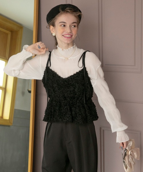 BONLECILL noir（ボンルシールノワール）の「【BONLECILL noir】フリンジジャガードキャミソールリボンバルーンヘムビスチェ（キャミソール・レディース・アイボリー/ブラック・FREE）」の13枚目の写真