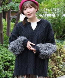 フリンジニットスリーブプルオーバー