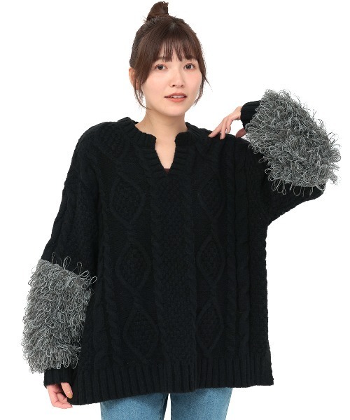チチカカ（チチカカ）の「フリンジニットスリーブプルオーバー（ニット/セーター・レディース・グレー/ブラック・FREE）」の6枚目の写真