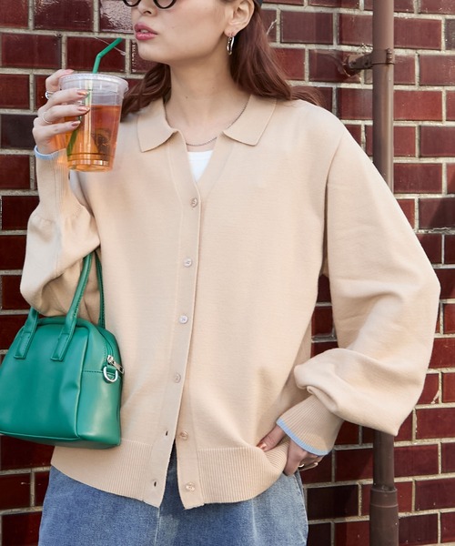 BONLECILL(ボンルシール)の「【2025SS新作】【至福のカヌレニット】配色オープンカラーニットカーディガン(カーディガン/ボレロ・レディース・ベージュ/ネイビー/アイボリー/チェリーレッド・FREE)」の3枚目の写真