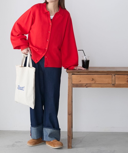 BONLECILL(ボンルシール)の「【2025SS新作】【至福のカヌレニット】配色オープンカラーニットカーディガン(カーディガン/ボレロ・レディース・ベージュ/ネイビー/アイボリー/チェリーレッド・FREE)」の5枚目の写真